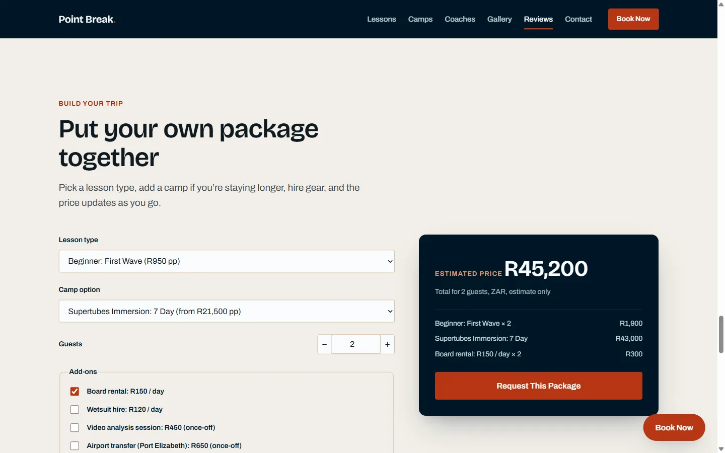 The Build Your Trip package builder mid-selection, showing a live R45,200 total with an itemised breakdown