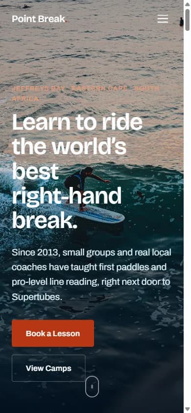 The Point Break hero rendered on a 390px-wide phone screen with no layout overflow