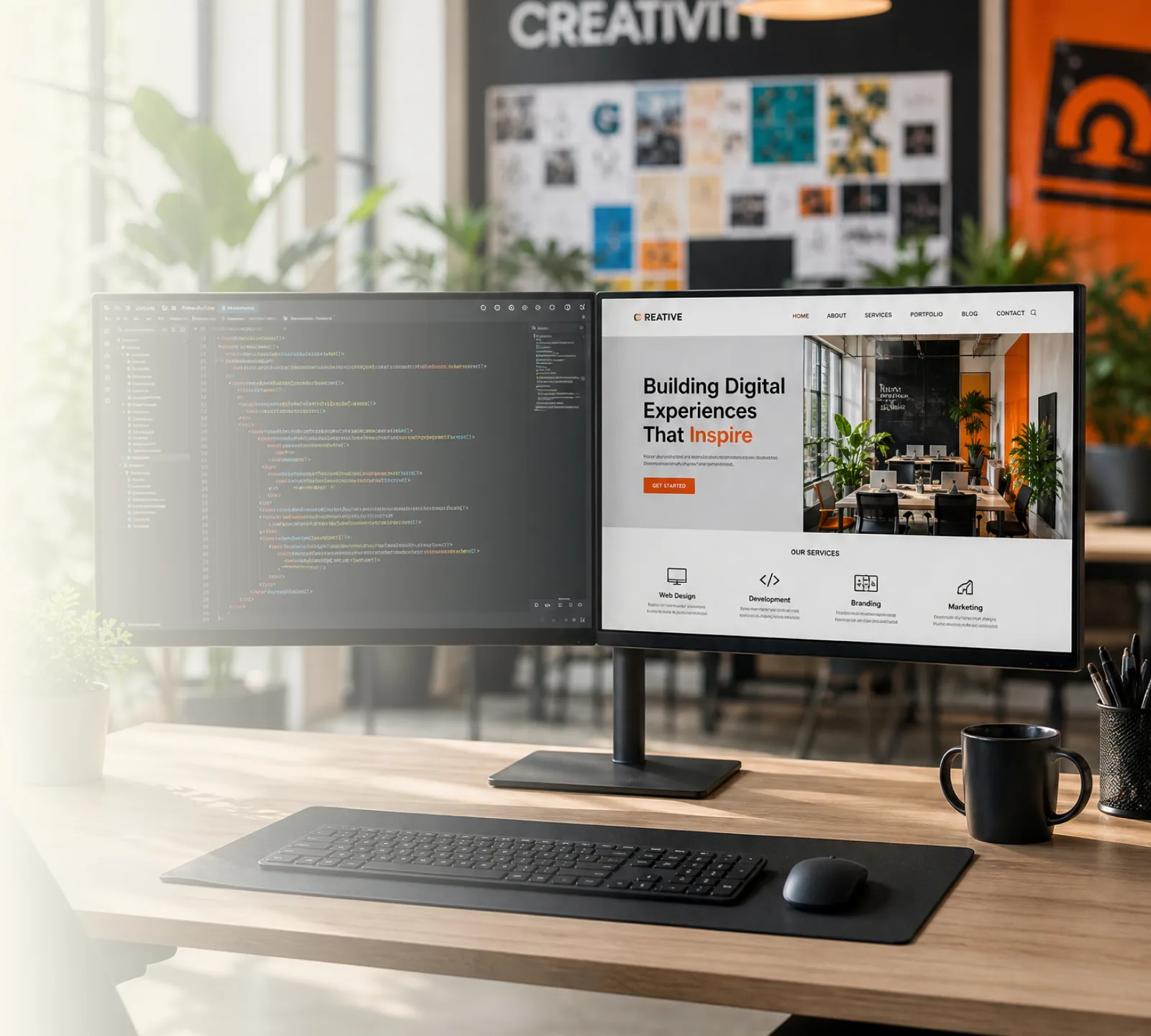 A dual-monitor developer setup showing code on one screen and a website build in progress on the other