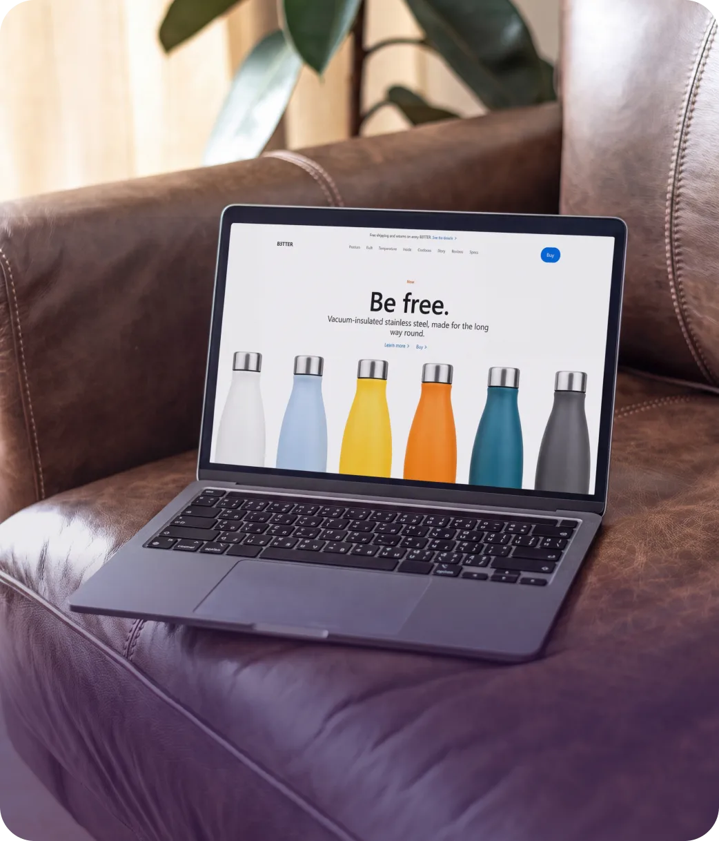 The B3TTER product site hero, showing six colourways of an insulated bottle across the full width of the page