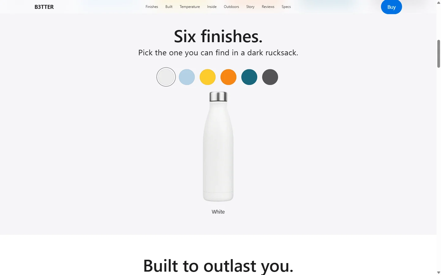 The finish switcher showing six colour swatches beneath the selected bottle