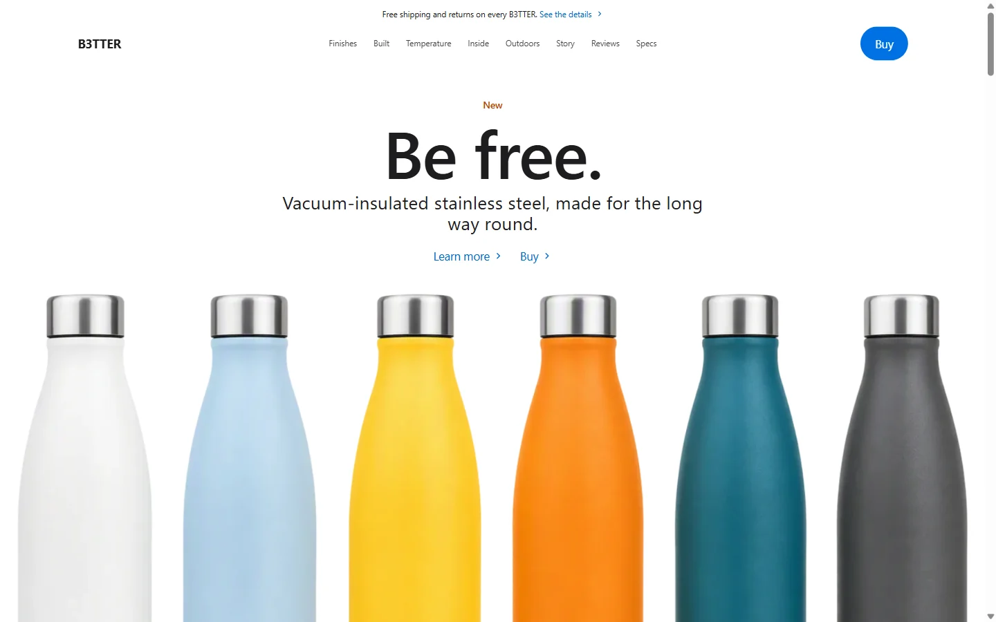 The B3TTER product site hero, showing six colourways of an insulated bottle across the full width of the page