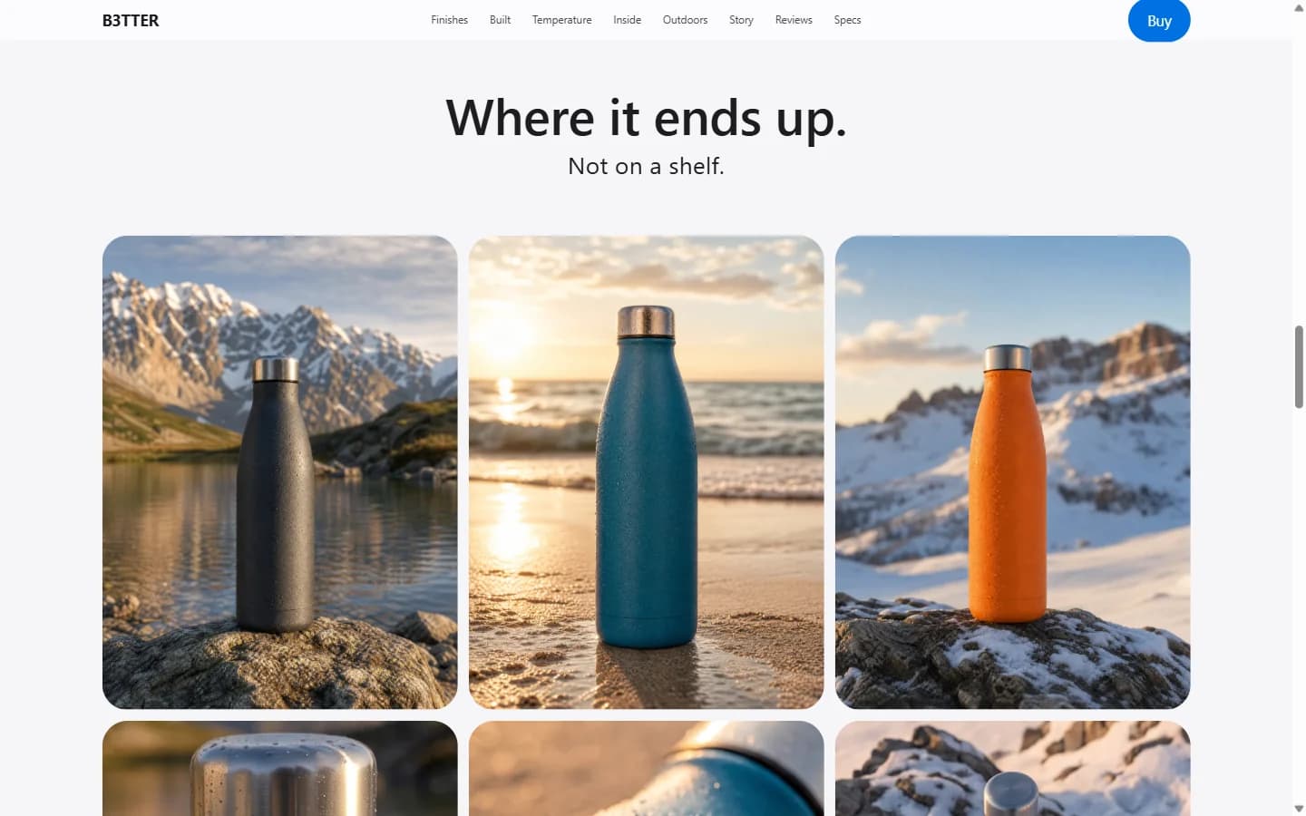 The lifestyle section pairing environment photography with macro detail shots