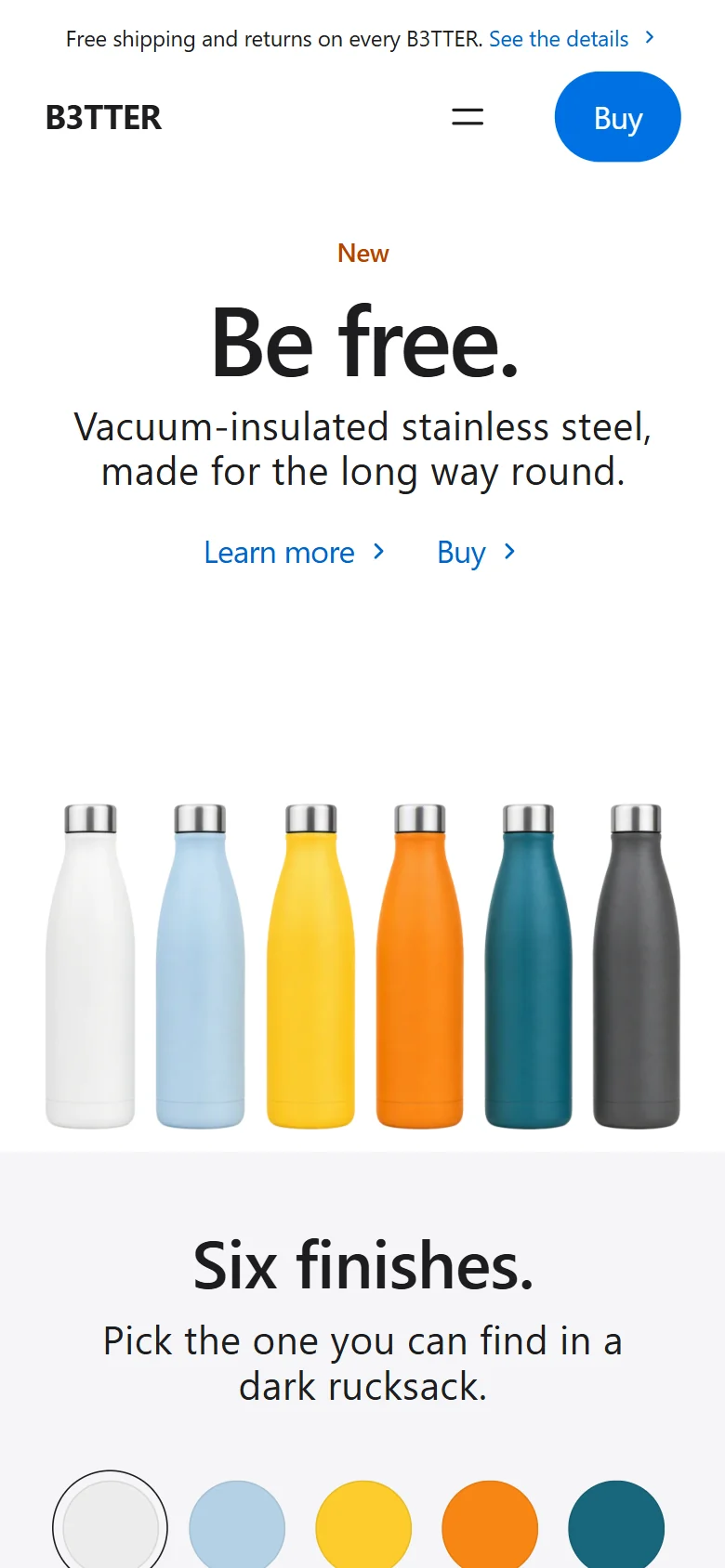 The B3TTER site on a phone, showing the hero and the six-bottle lineup
