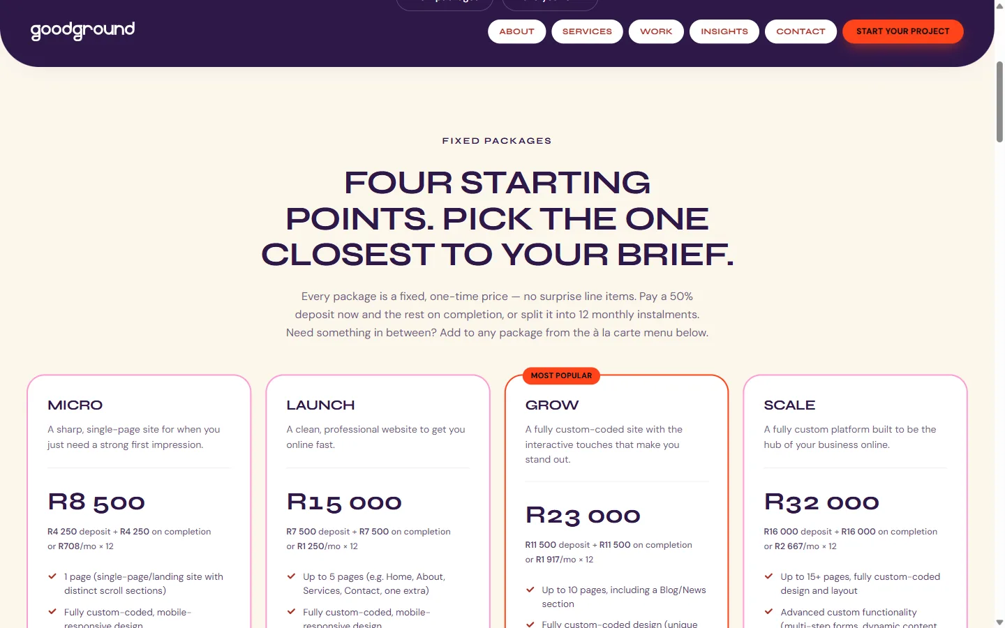 The four pricing package cards on the live site, with the recommended Grow card carrying an animated light along its edge