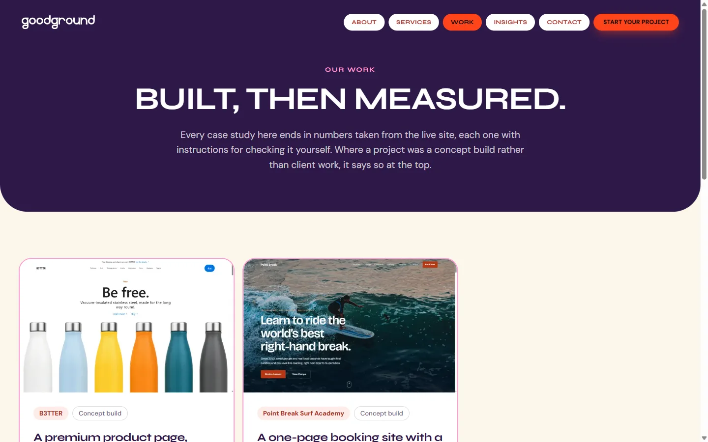 The /work page after the fix, showing every case study as an equal-size grid card with no featured project