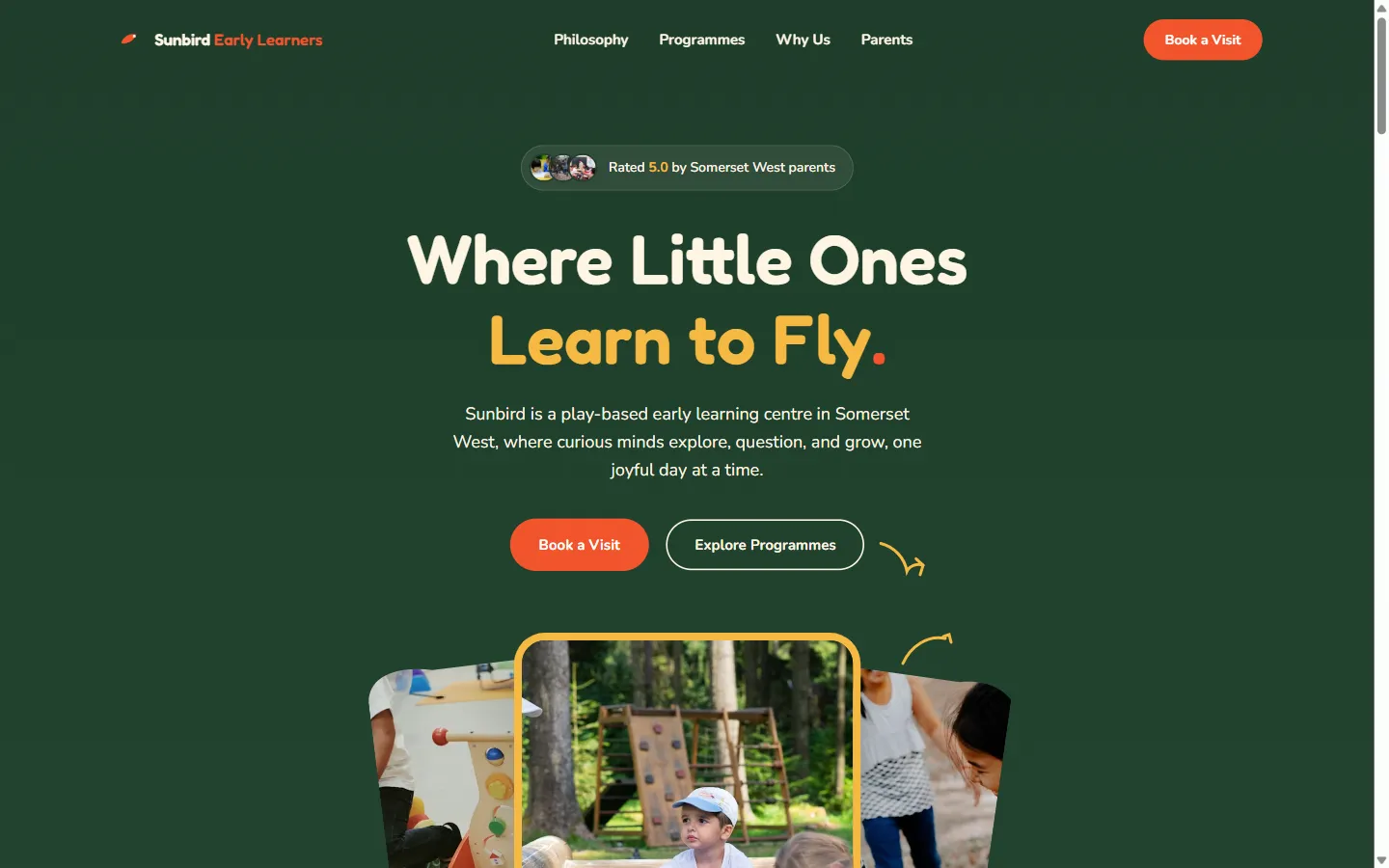 The Sunbird Early Learners hero section, showing layered cutout photographs of children over a deep green background