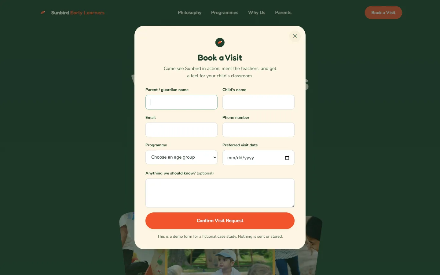 The booking pop-up open on the live site, showing the visit-request form with parent, child and programme fields