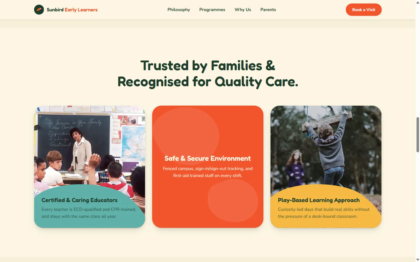 The Trusted by Families section, showing organic blob-shaped photo cards in Sunbird's teal and marigold palette